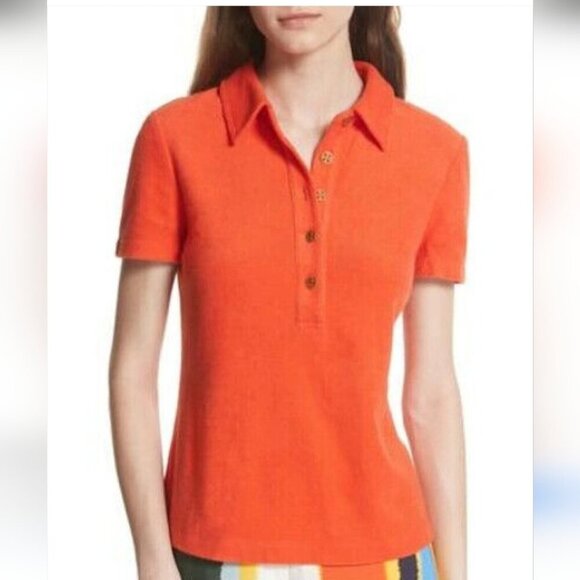 TORY BURCH | Lennox Terry Cloth Polo In Poppy Red Sz L - Picture 3 of 8